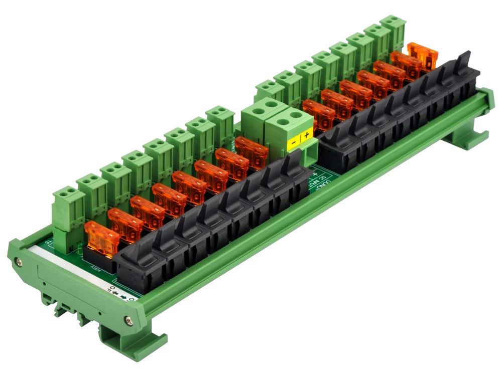DC 52 Amp 16 Channel Power Distribution Module, Paddle Switch, Fused, Pluggable Side Wiring Terminal Block, DIN Rail and Screw Mount