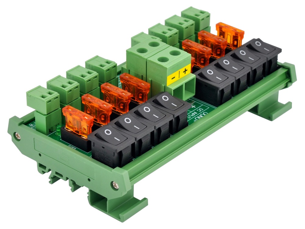 DC 52 Amp 8 Channel Power Distribution Module, Rocker Switch, Fused, Pluggable Top Wiring Terminal Block, DIN Rail and Screw Mount