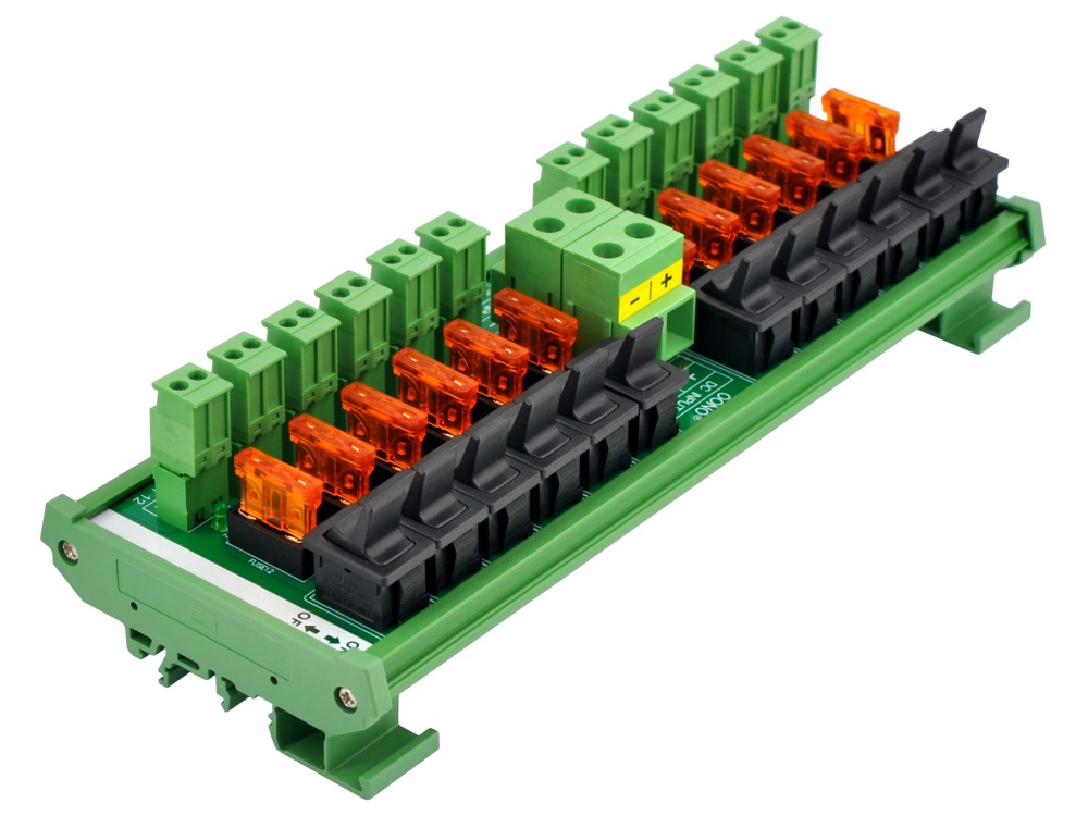 DC 52 Amp 12 Channel Power Distribution Module, Paddle Switch, Fused, Pluggable Side Wiring Terminal Block, DIN Rail and Screw Mount