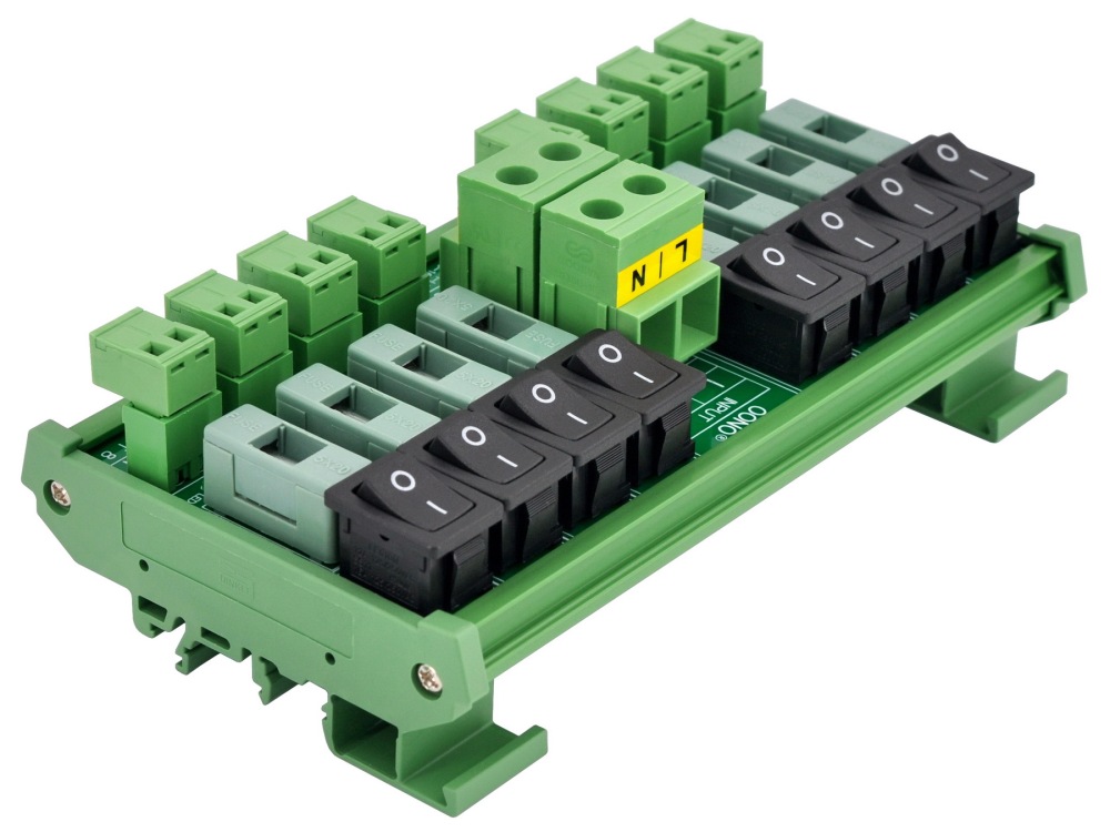 AC 52 Amp 8 Channel Power Distribution Module, Rocker Switch, Fused, Pluggable Top Wiring Terminal Block, DIN Rail and Screw Mount