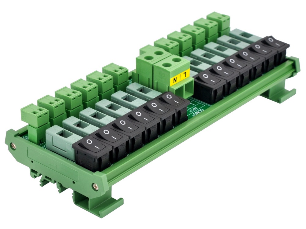 AC 52 Amp 12 Channel Power Distribution Module, Rocker Switch, Fused, Pluggable Top Wiring Terminal Block, DIN Rail and Screw Mount