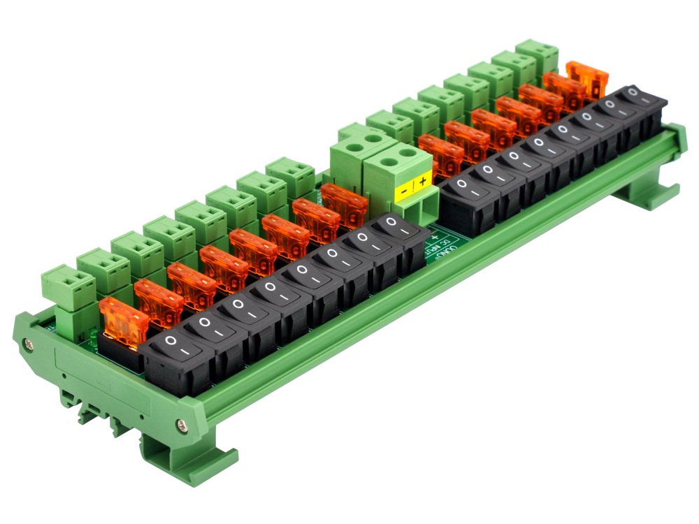 DC 52 Amp 16 Channel Power Distribution Module, Rocker Switch, Fused, Pluggable Top Wiring Terminal Block, DIN Rail and Screw Mount