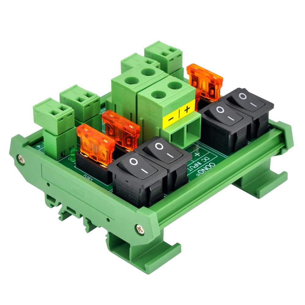DC 52 Amp 4 Channel Power Distribution Module, Rocker Switch, Fused, Pluggable Top Wiring Terminal Block, DIN Rail and Screw Mount