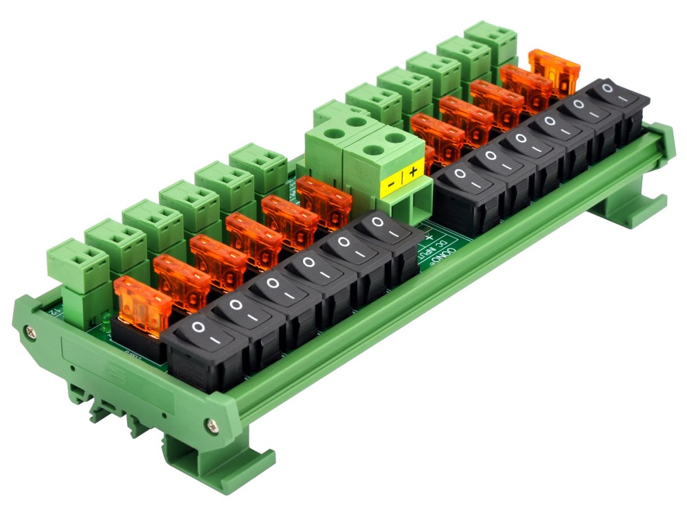 DC 52 Amp 12 Channel Power Distribution Module, Rocker Switch, Fused, Pluggable Top Wiring Terminal Block, DIN Rail and Screw Mount