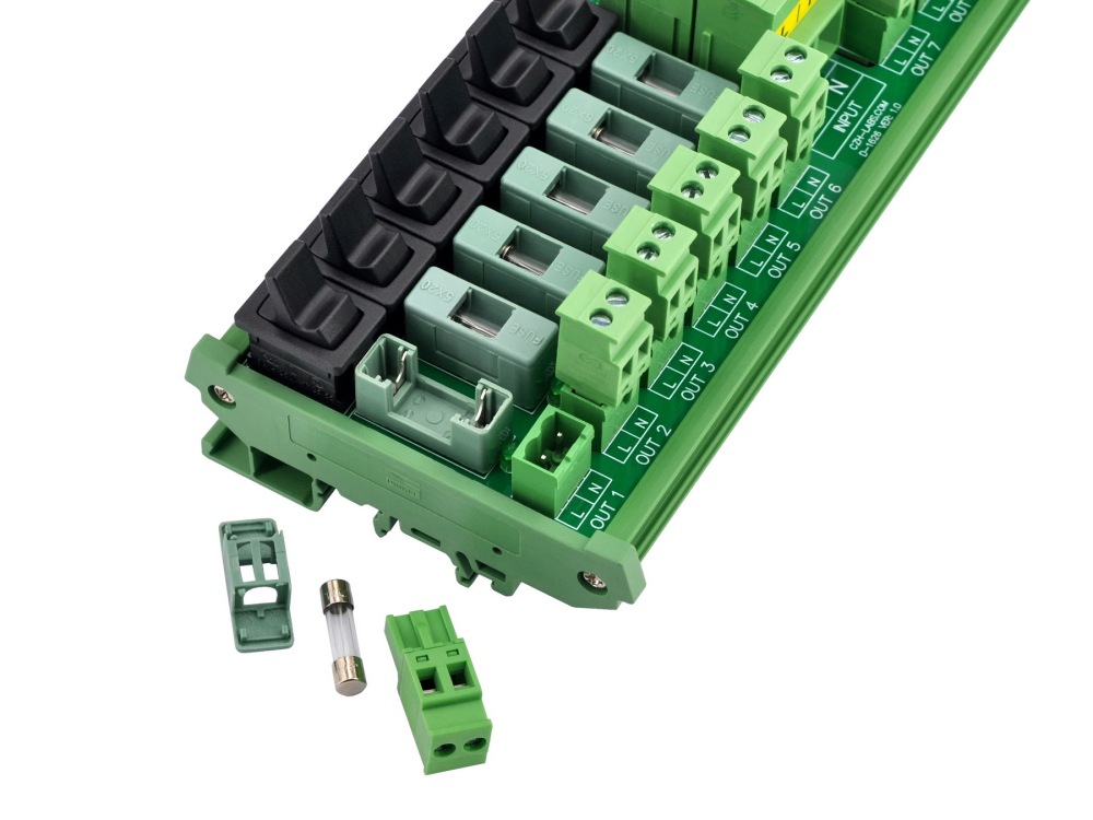 AC 52 Amp 12 Channel Power Distribution Module, Paddle Switch, Fused, Pluggable Side Wiring Terminal Block, DIN Rail and Screw Mount