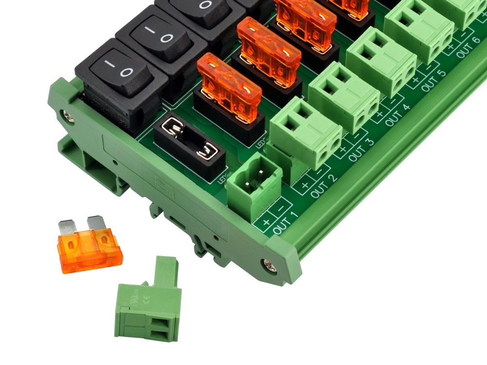 DC 52 Amp 16 Channel Power Distribution Module, Rocker Switch, Fused, Pluggable Top Wiring Terminal Block, DIN Rail and Screw Mount
