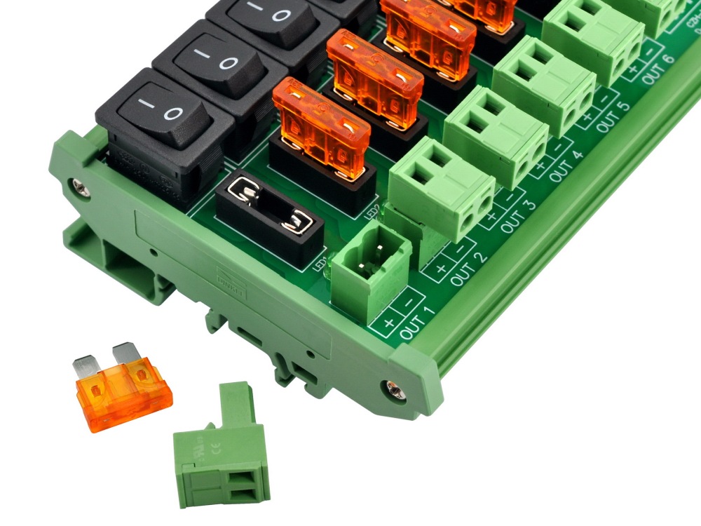 DC 52 Amp 12 Channel Power Distribution Module, Rocker Switch, Fused, Pluggable Top Wiring Terminal Block, DIN Rail and Screw Mount
