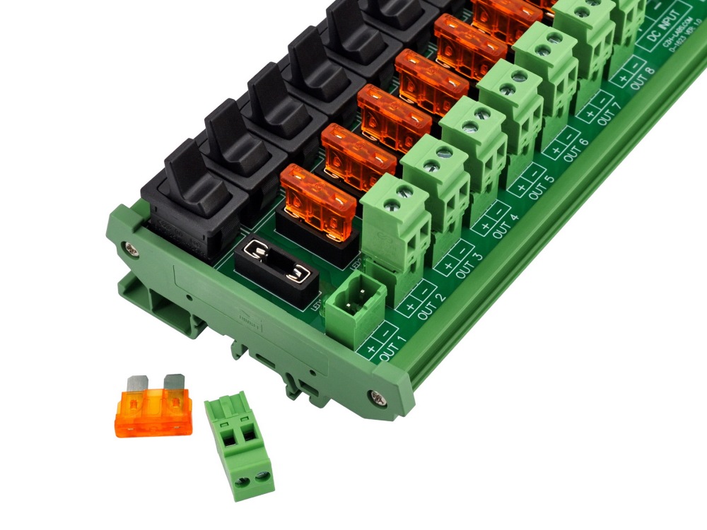DC 52 Amp 16 Channel Power Distribution Module, Paddle Switch, Fused, Pluggable Side Wiring Terminal Block, DIN Rail and Screw Mount