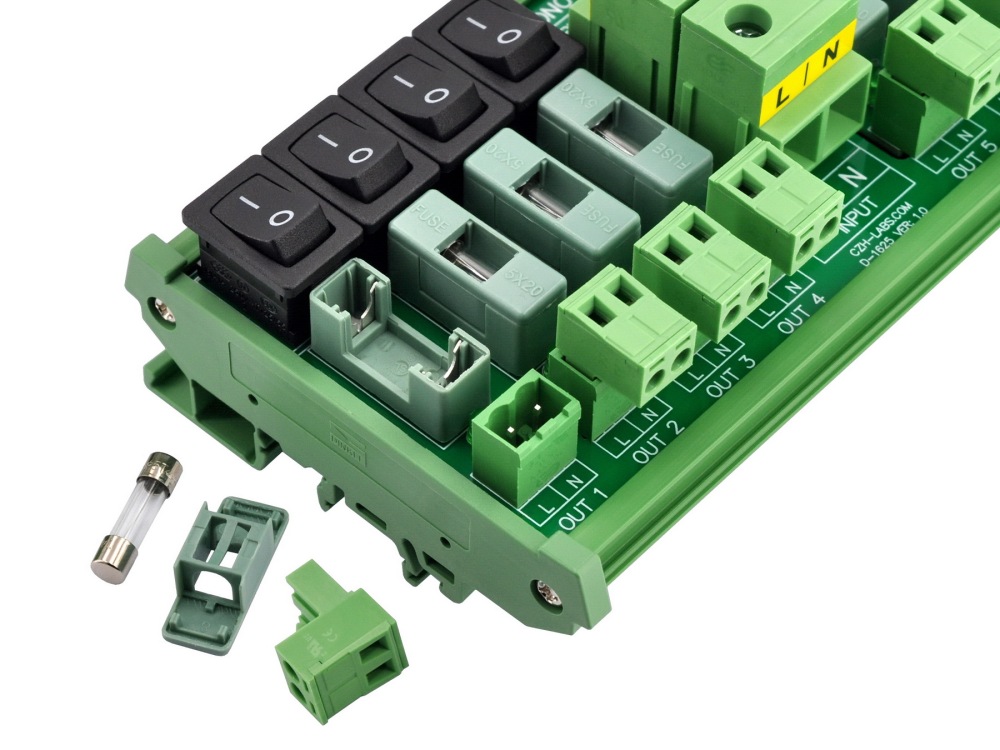 AC 52 Amp 8 Channel Power Distribution Module, Rocker Switch, Fused, Pluggable Top Wiring Terminal Block, DIN Rail and Screw Mount