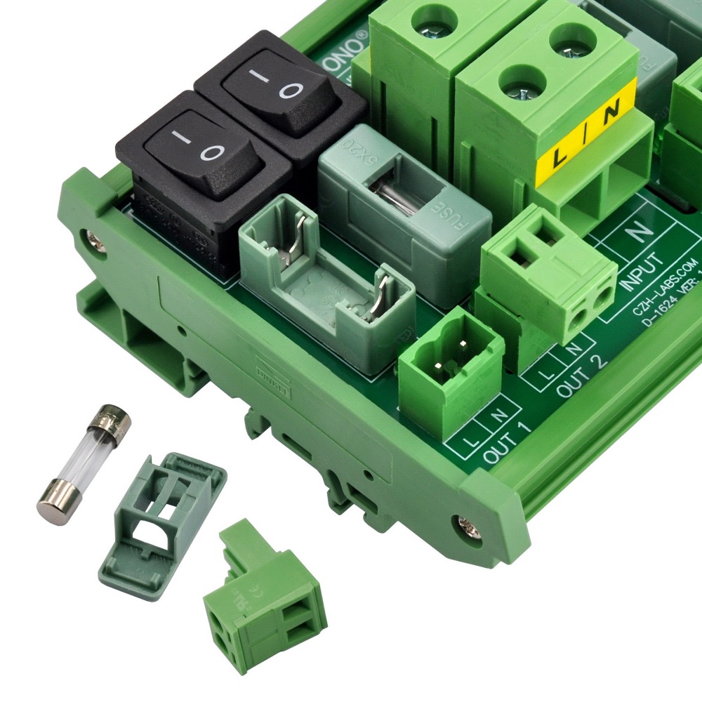 AC 52 Amp 4 Channel Power Distribution Module, Rocker Switch, Fused, Pluggable Top Wiring Terminal Block, DIN Rail and Screw Mount