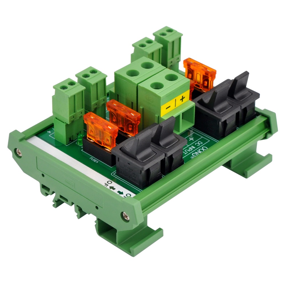 DC 52 Amp 4 Channel Power Distribution Module, Paddle Switch, Fused, Pluggable Side Wiring Terminal Block, DIN Rail and Screw Mount