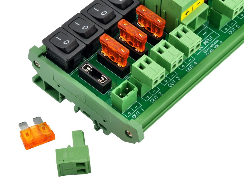DC 52 Amp 8 Channel Power Distribution Module, Rocker Switch, Fused, Pluggable Top Wiring Terminal Block, DIN Rail and Screw Mount