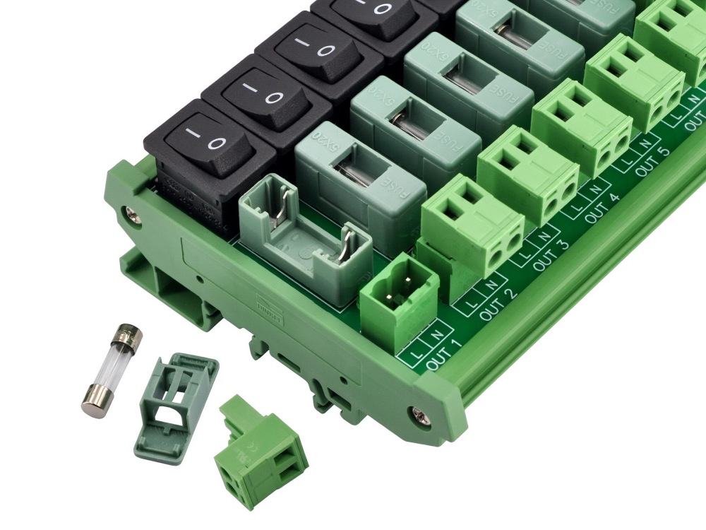 AC 52 Amp 12 Channel Power Distribution Module, Rocker Switch, Fused, Pluggable Top Wiring Terminal Block, DIN Rail and Screw Mount