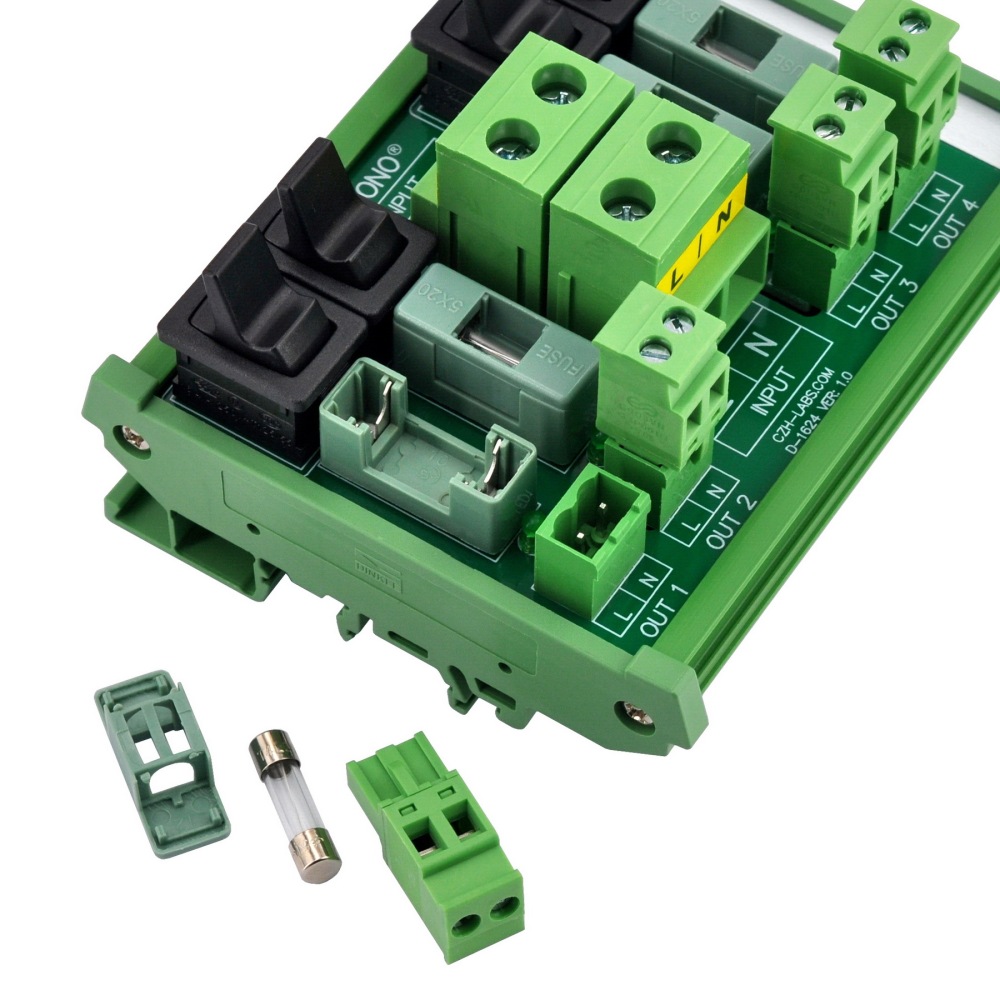 AC 52 Amp 4 Channel Power Distribution Module, Paddle Switch, Fused, Pluggable Side Wiring Terminal Block, DIN Rail and Screw Mount