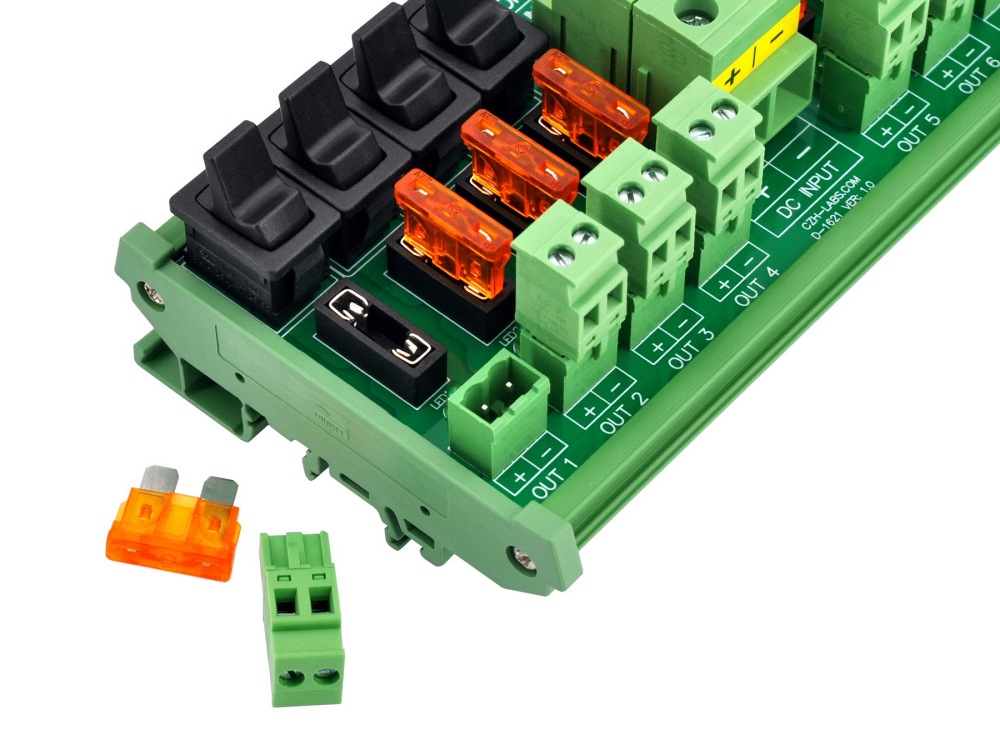 DC 52 Amp 8 Channel Power Distribution Module, Paddle Switch, Fused, Pluggable Side Wiring Terminal Block, DIN Rail and Screw Mount
