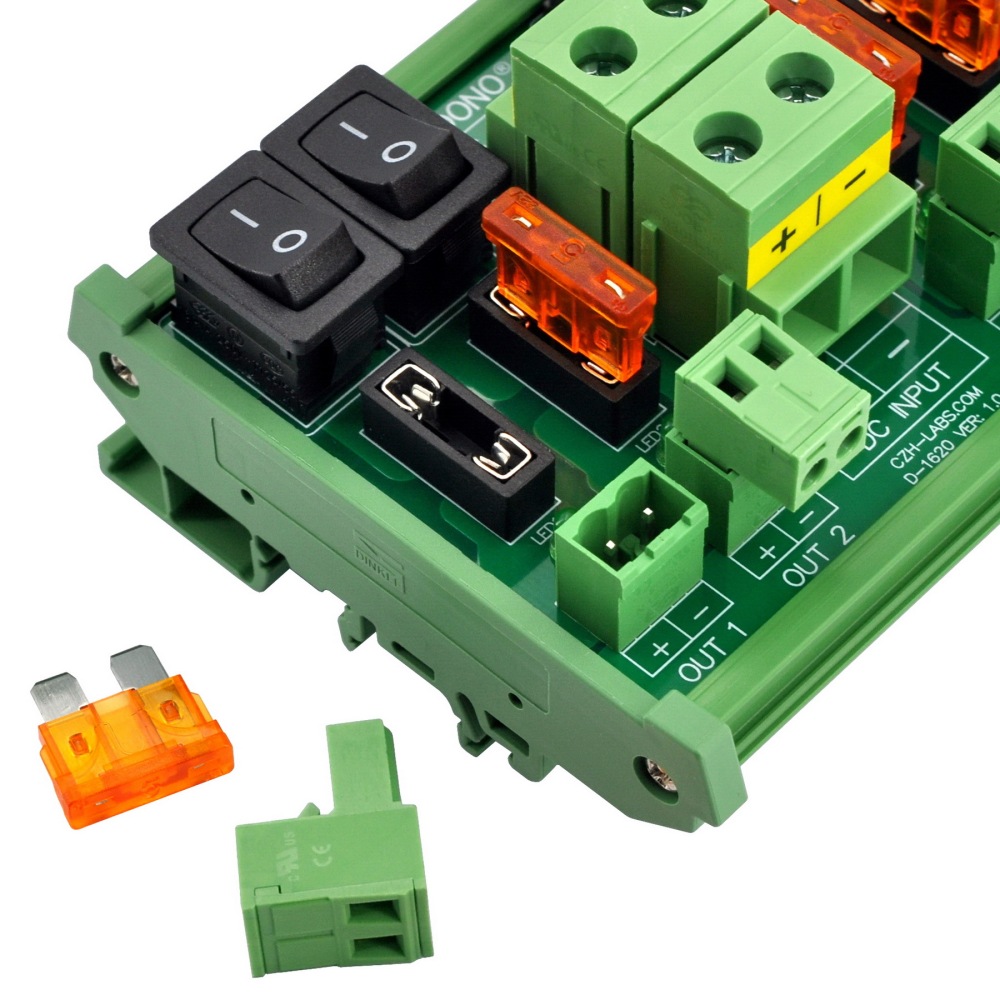 DC 52 Amp 4 Channel Power Distribution Module, Rocker Switch, Fused, Pluggable Top Wiring Terminal Block, DIN Rail and Screw Mount