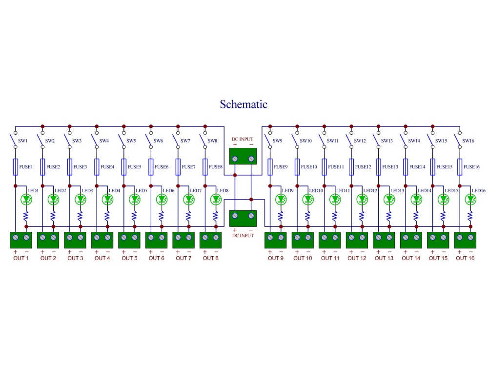 DC 52 Amp 16 Channel Power Distribution Module, Paddle Switch, Fused, Pluggable Side Wiring Terminal Block, DIN Rail and Screw Mount
