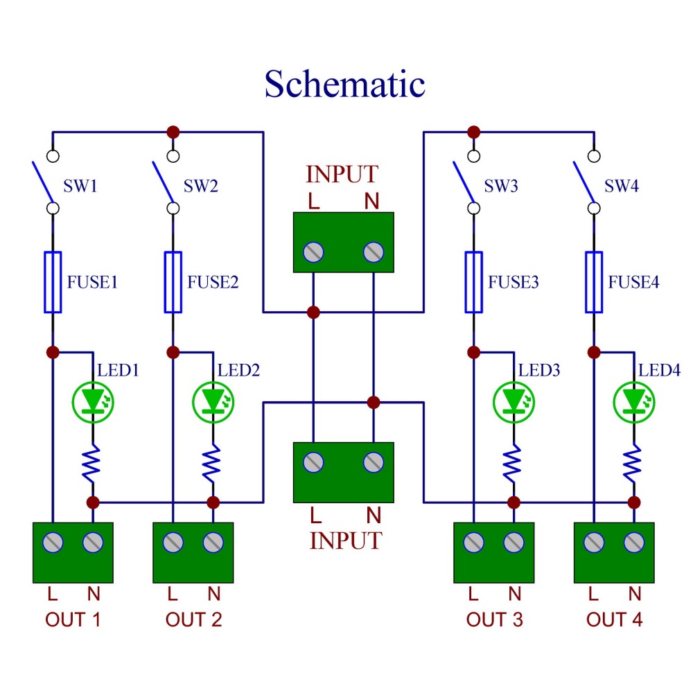 AC 52 Amp 4 Channel Power Distribution Module, Rocker Switch, Fused, Pluggable Top Wiring Terminal Block, DIN Rail and Screw Mount