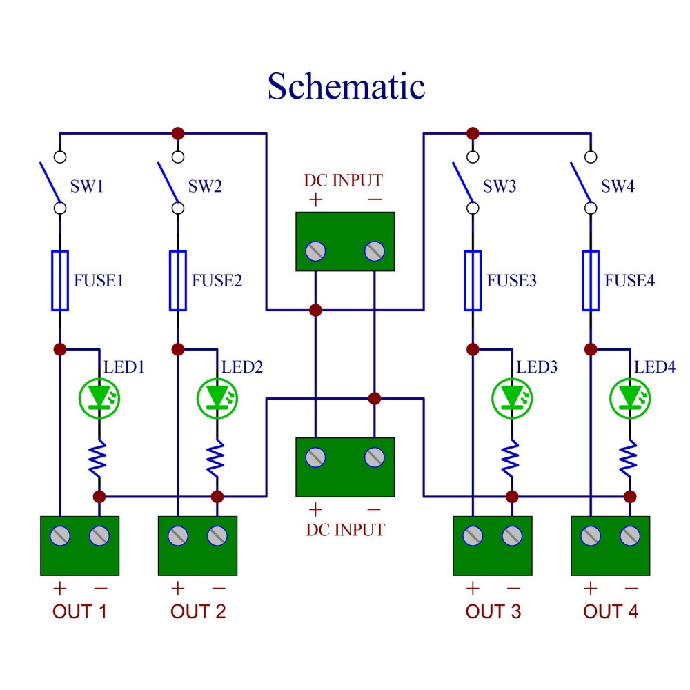 DC 52 Amp 4 Channel Power Distribution Module, Rocker Switch, Fused, Pluggable Top Wiring Terminal Block, DIN Rail and Screw Mount