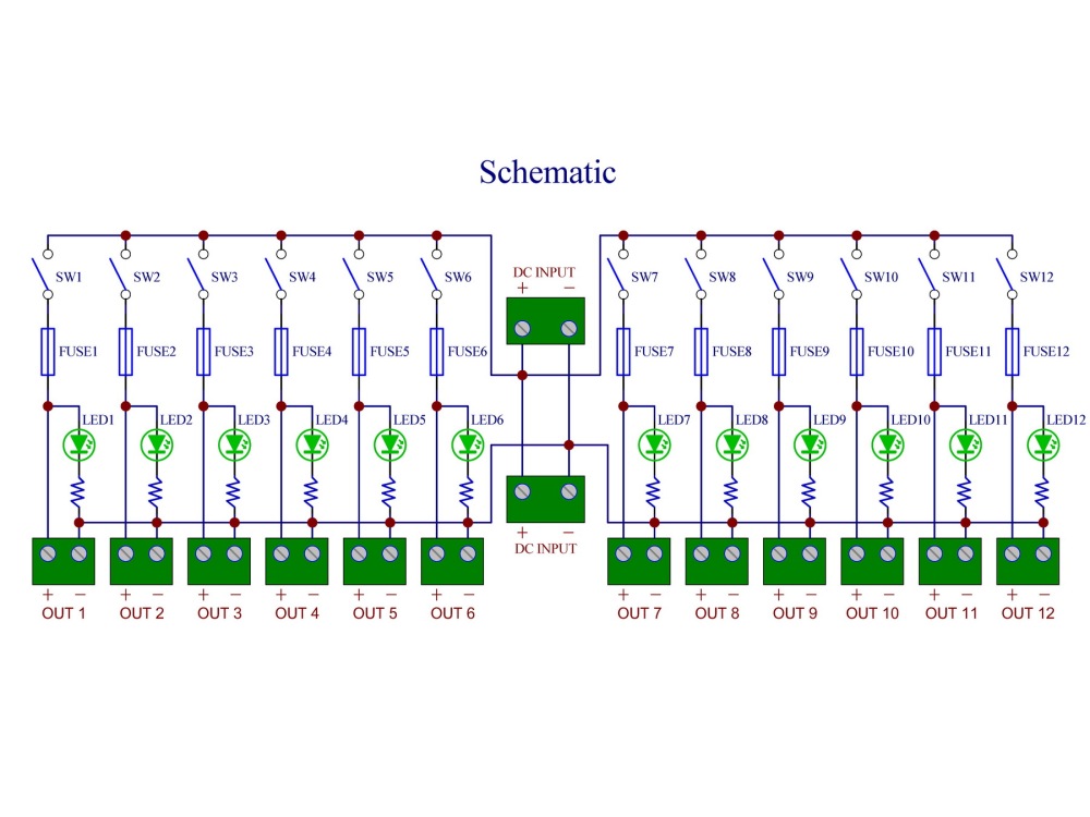 DC 52 Amp 12 Channel Power Distribution Module, Paddle Switch, Fused, Pluggable Side Wiring Terminal Block, DIN Rail and Screw Mount