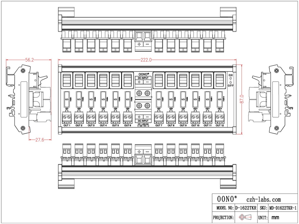 DC 52 Amp 12 Channel Power Distribution Module, Paddle Switch, Fused, Pluggable Side Wiring Terminal Block, DIN Rail and Screw Mount