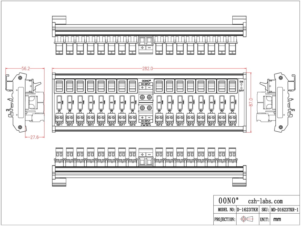 DC 52 Amp 16 Channel Power Distribution Module, Paddle Switch, Fused, Pluggable Side Wiring Terminal Block, DIN Rail and Screw Mount