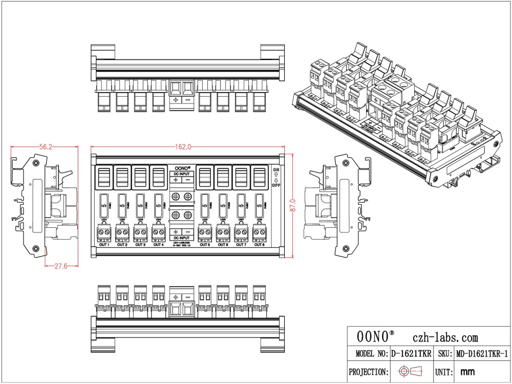 DC 52 Amp 8 Channel Power Distribution Module, Paddle Switch, Fused, Pluggable Side Wiring Terminal Block, DIN Rail and Screw Mount