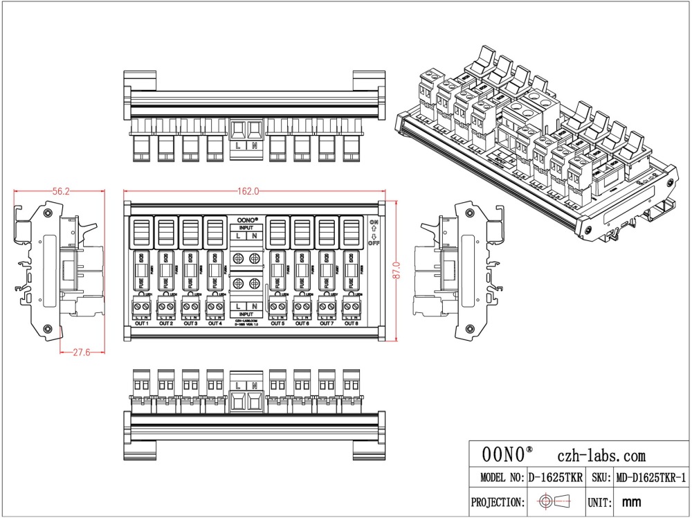 AC 52 Amp 8 Channel Power Distribution Module, Paddle Switch, Fused, Pluggable Side Wiring Terminal Block, DIN Rail and Screw Mount