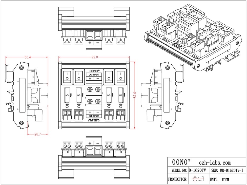 DC 52 Amp 4 Channel Power Distribution Module, Rocker Switch, Fused, Pluggable Top Wiring Terminal Block, DIN Rail and Screw Mount