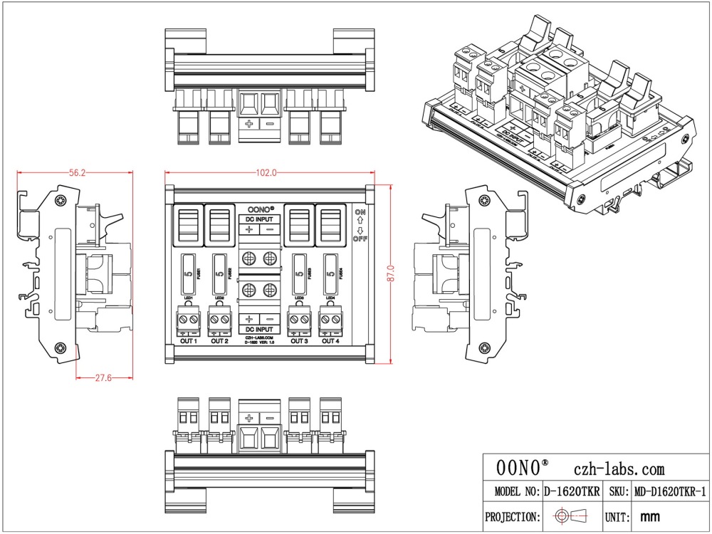 DC 52 Amp 4 Channel Power Distribution Module, Paddle Switch, Fused, Pluggable Side Wiring Terminal Block, DIN Rail and Screw Mount