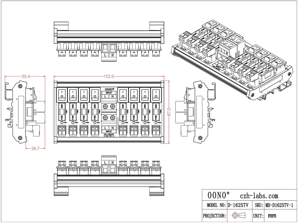 AC 52 Amp 8 Channel Power Distribution Module, Rocker Switch, Fused, Pluggable Top Wiring Terminal Block, DIN Rail and Screw Mount