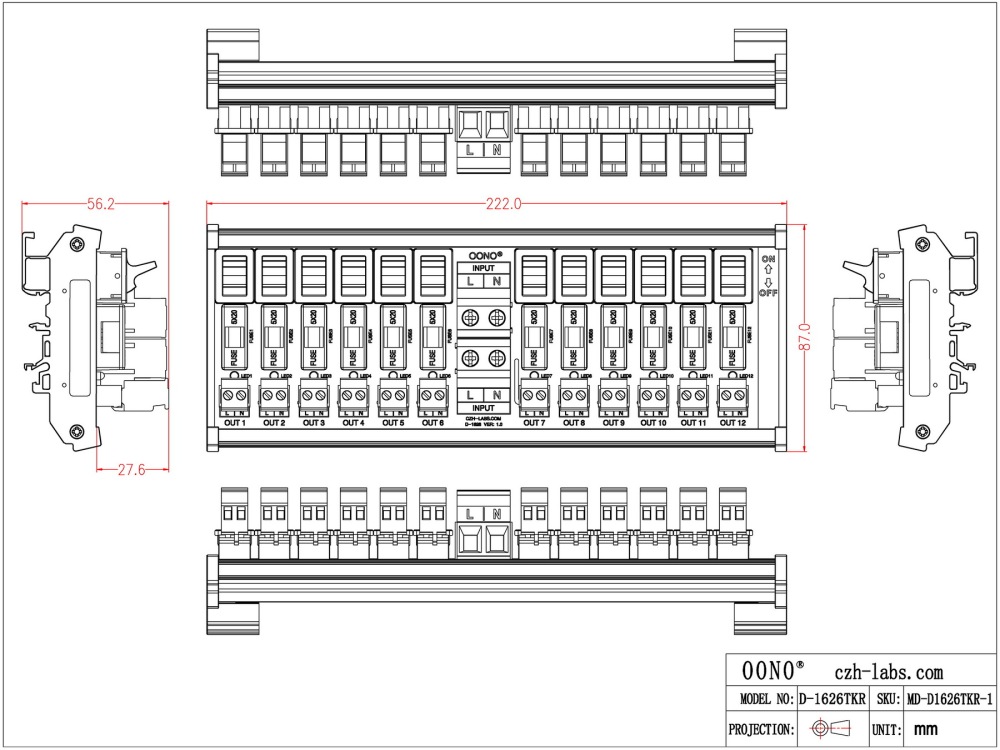 AC 52 Amp 12 Channel Power Distribution Module, Paddle Switch, Fused, Pluggable Side Wiring Terminal Block, DIN Rail and Screw Mount