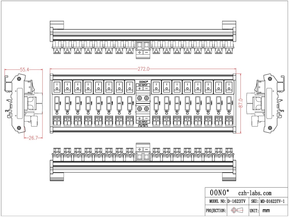 DC 52 Amp 16 Channel Power Distribution Module, Rocker Switch, Fused, Pluggable Top Wiring Terminal Block, DIN Rail and Screw Mount