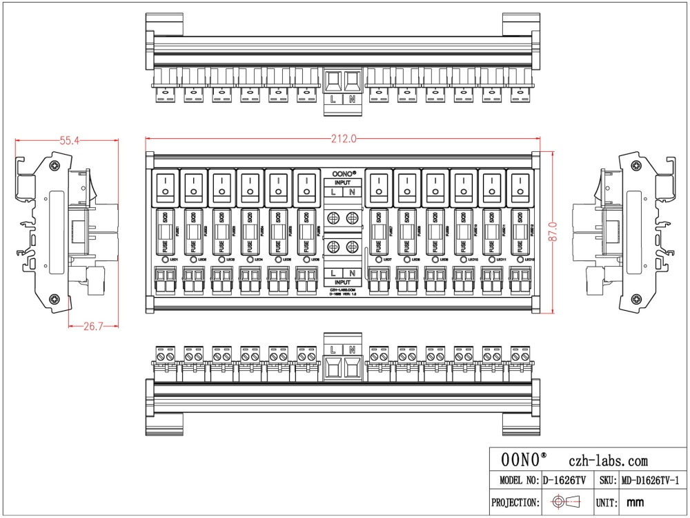 AC 52 Amp 12 Channel Power Distribution Module, Rocker Switch, Fused, Pluggable Top Wiring Terminal Block, DIN Rail and Screw Mount