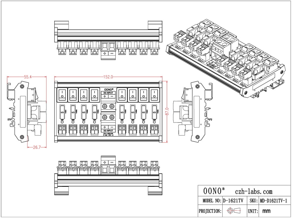DC 52 Amp 8 Channel Power Distribution Module, Rocker Switch, Fused, Pluggable Top Wiring Terminal Block, DIN Rail and Screw Mount