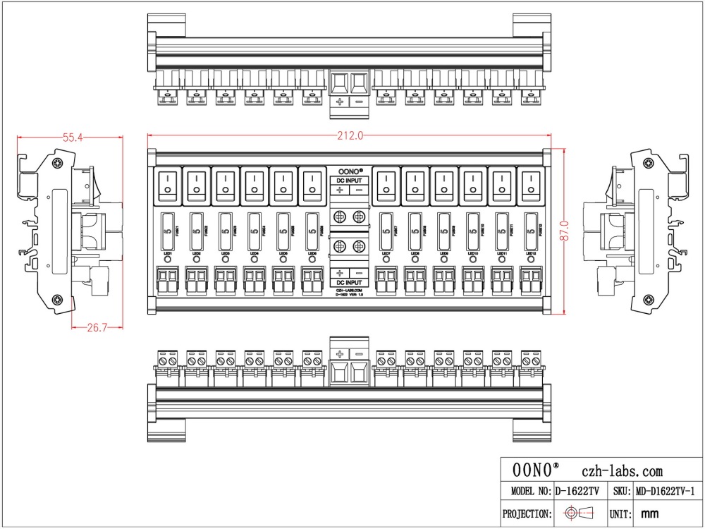 DC 52 Amp 12 Channel Power Distribution Module, Rocker Switch, Fused, Pluggable Top Wiring Terminal Block, DIN Rail and Screw Mount