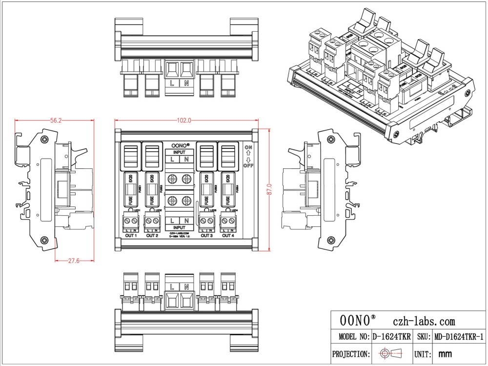 AC 52 Amp 4 Channel Power Distribution Module, Paddle Switch, Fused, Pluggable Side Wiring Terminal Block, DIN Rail and Screw Mount