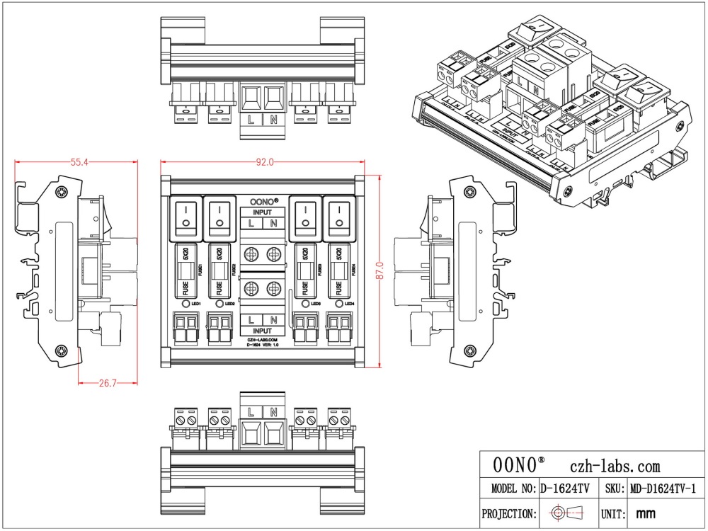 AC 52 Amp 4 Channel Power Distribution Module, Rocker Switch, Fused, Pluggable Top Wiring Terminal Block, DIN Rail and Screw Mount