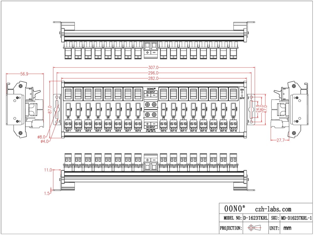 DC 52 Amp 16 Channel Power Distribution Module, Paddle Switch, Fused, Pluggable Side Wiring Terminal Block, DIN Rail and Screw Mount