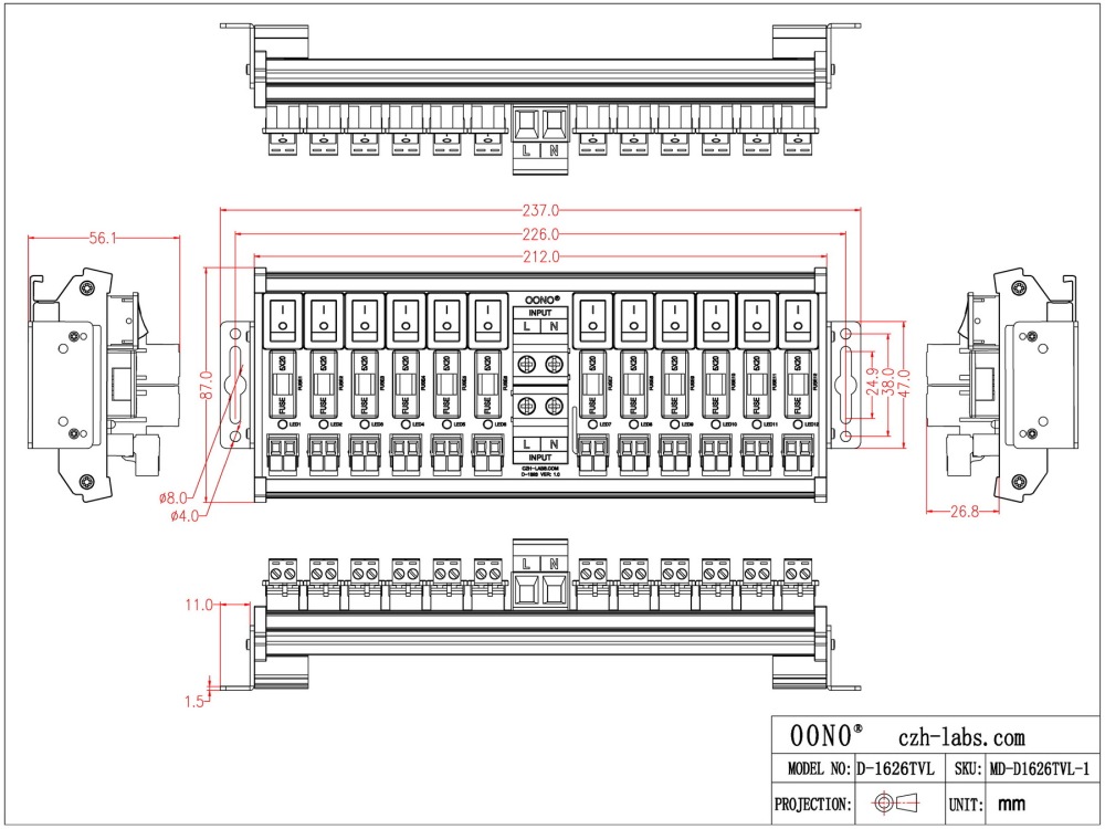 AC 52 Amp 12 Channel Power Distribution Module, Rocker Switch, Fused, Pluggable Top Wiring Terminal Block, DIN Rail and Screw Mount