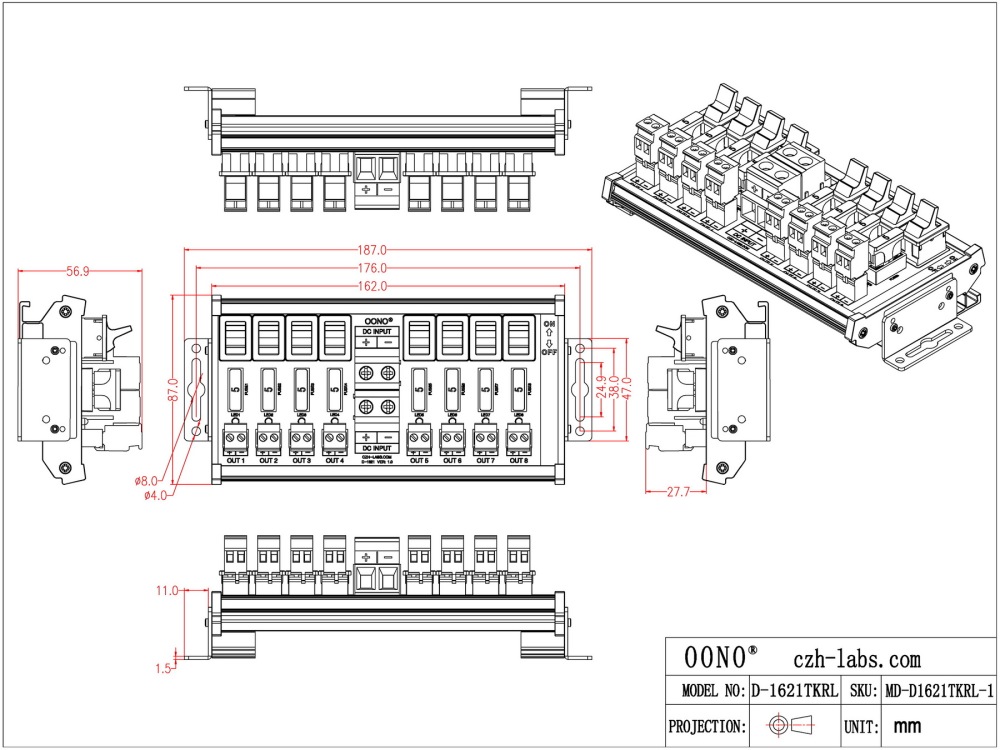 DC 52 Amp 8 Channel Power Distribution Module, Paddle Switch, Fused, Pluggable Side Wiring Terminal Block, DIN Rail and Screw Mount