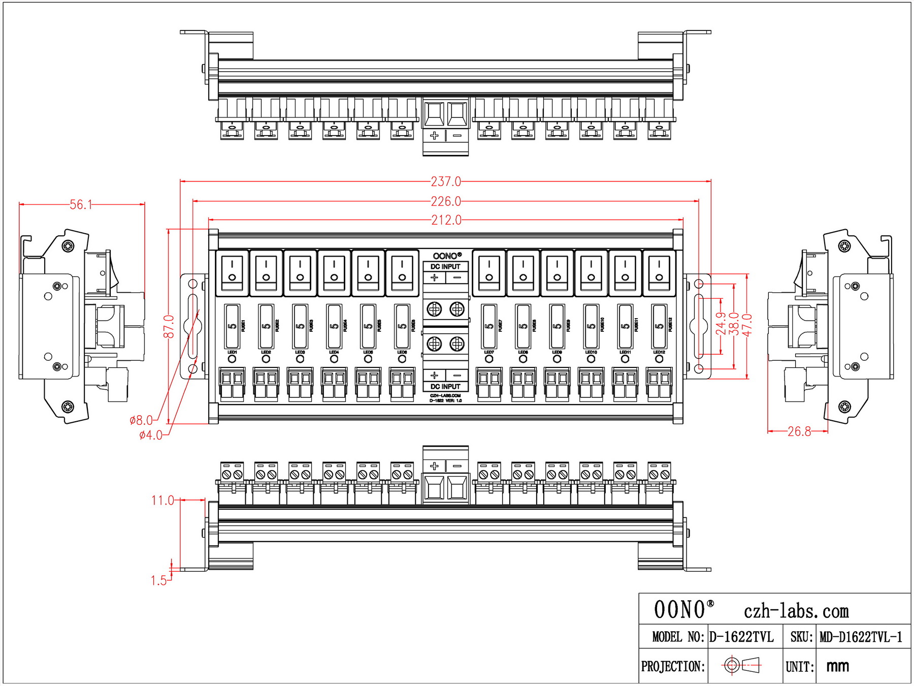 DC 52 Amp 12 Channel Power Distribution Module, Rocker Switch, Fused ...