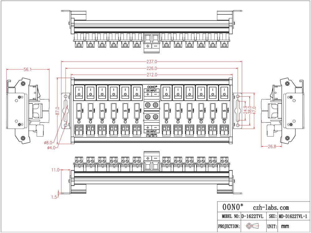 DC 52 Amp 12 Channel Power Distribution Module, Rocker Switch, Fused, Pluggable Top Wiring Terminal Block, DIN Rail and Screw Mount