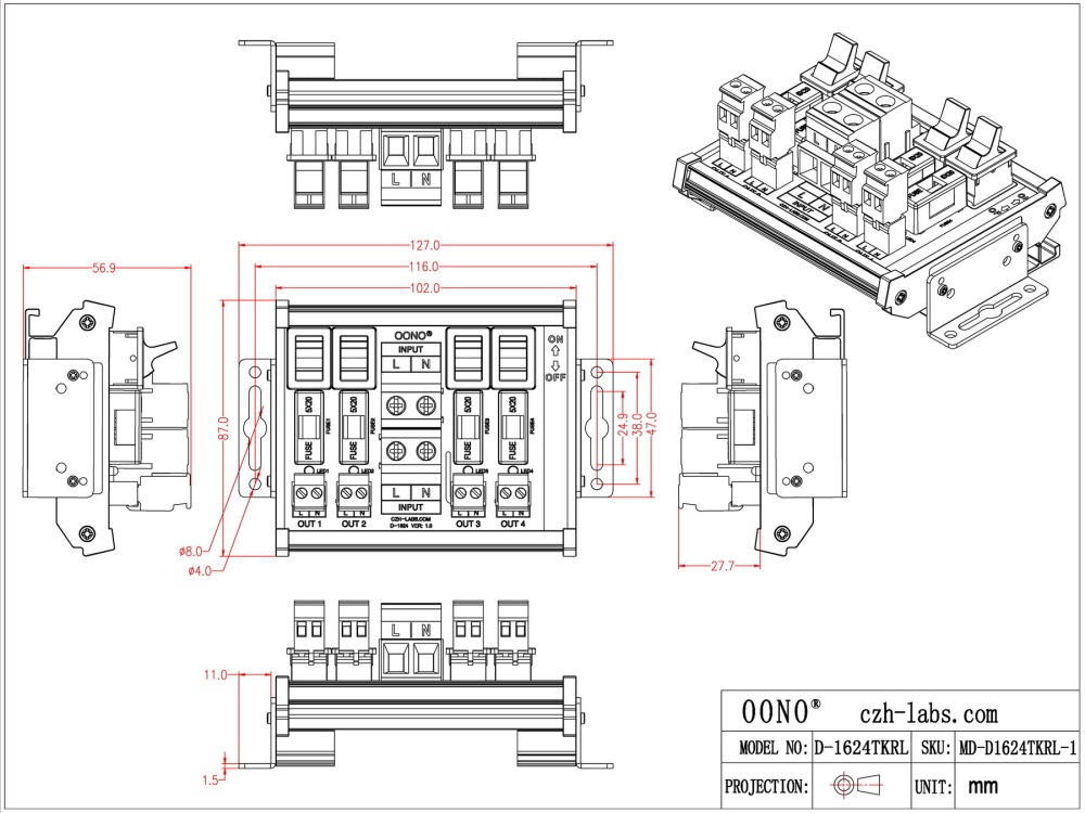 AC 52 Amp 4 Channel Power Distribution Module, Paddle Switch, Fused, Pluggable Side Wiring Terminal Block, DIN Rail and Screw Mount