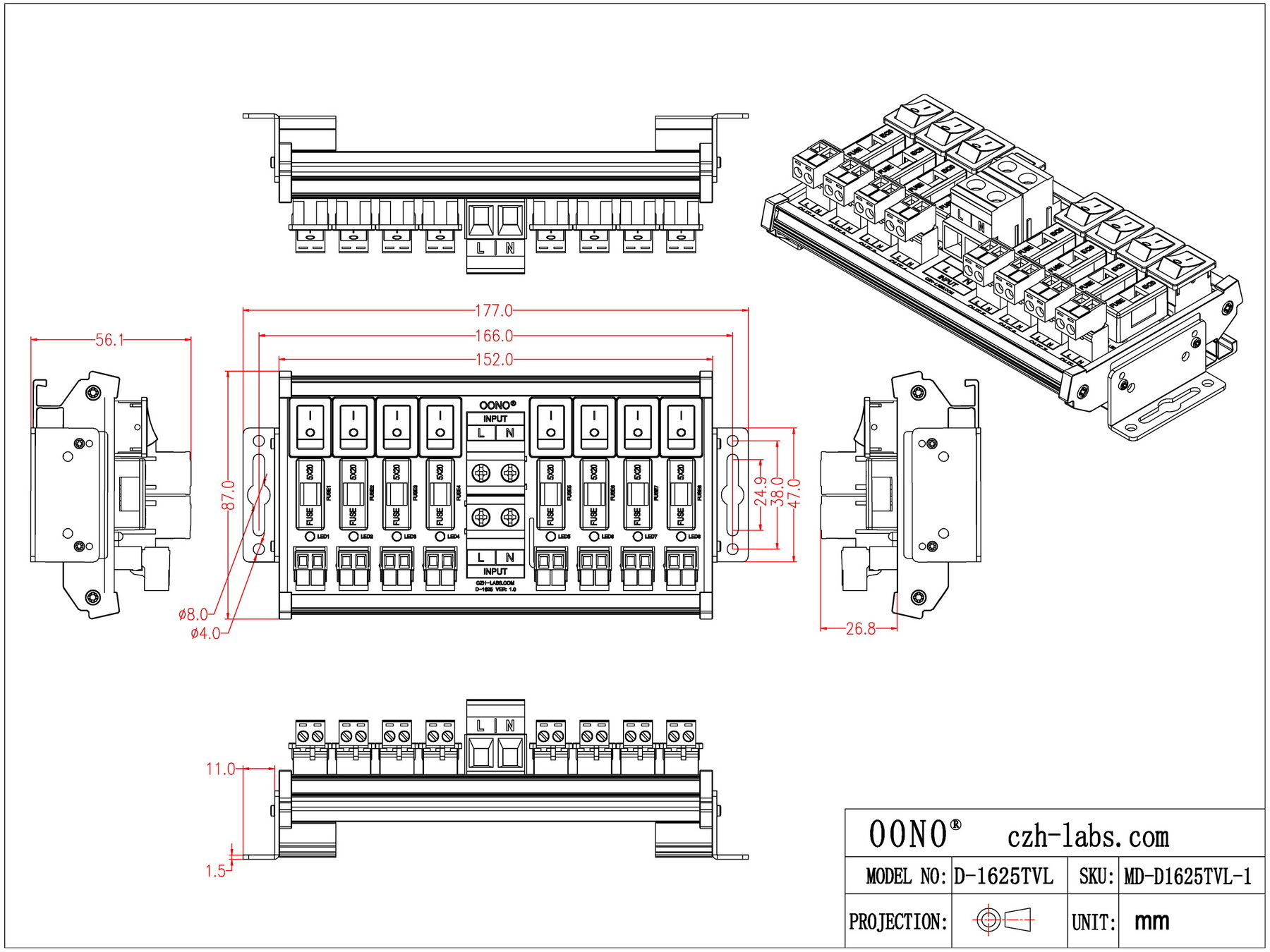 AC 52 Amp 8 Channel Power Distribution Module, Rocker Switch, Fused ...