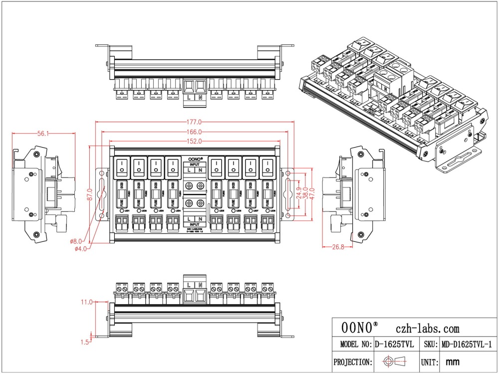 AC 52 Amp 8 Channel Power Distribution Module, Rocker Switch, Fused, Pluggable Top Wiring Terminal Block, DIN Rail and Screw Mount