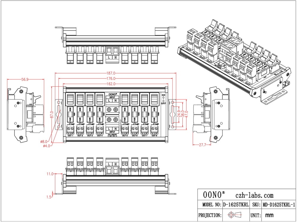 AC 52 Amp 8 Channel Power Distribution Module, Paddle Switch, Fused, Pluggable Side Wiring Terminal Block, DIN Rail and Screw Mount