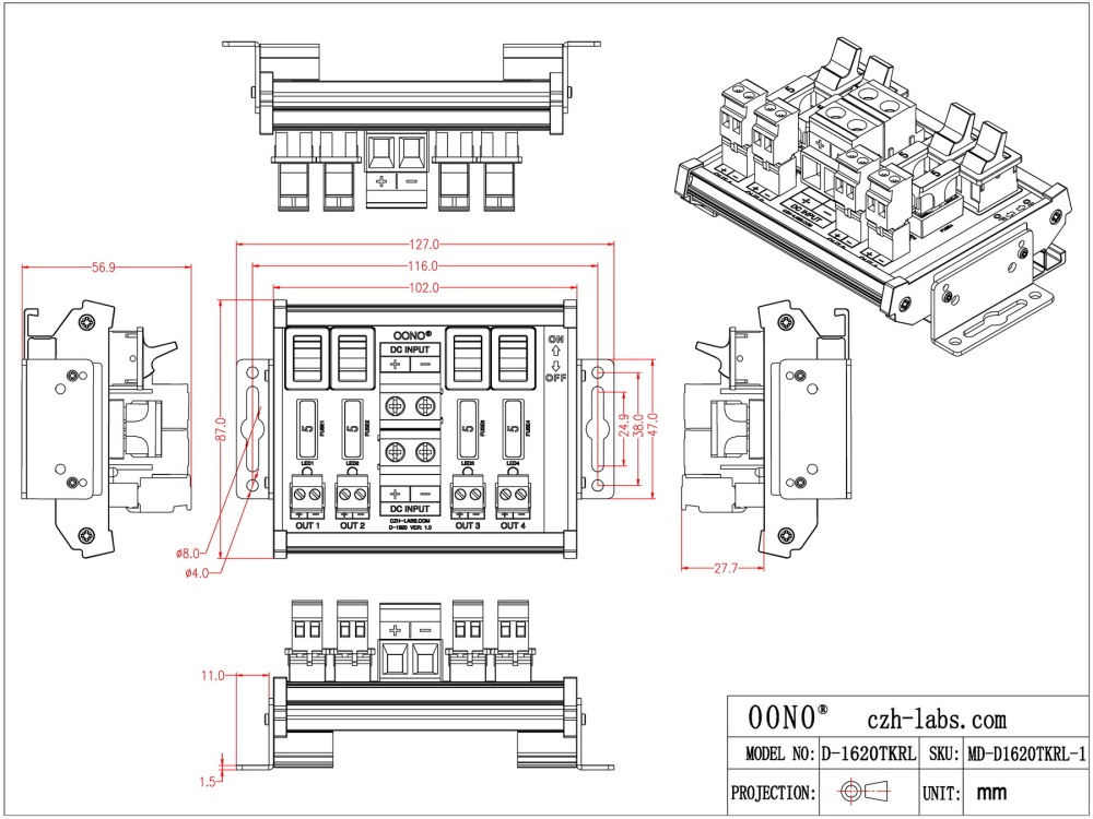 DC 52 Amp 4 Channel Power Distribution Module, Paddle Switch, Fused, Pluggable Side Wiring Terminal Block, DIN Rail and Screw Mount