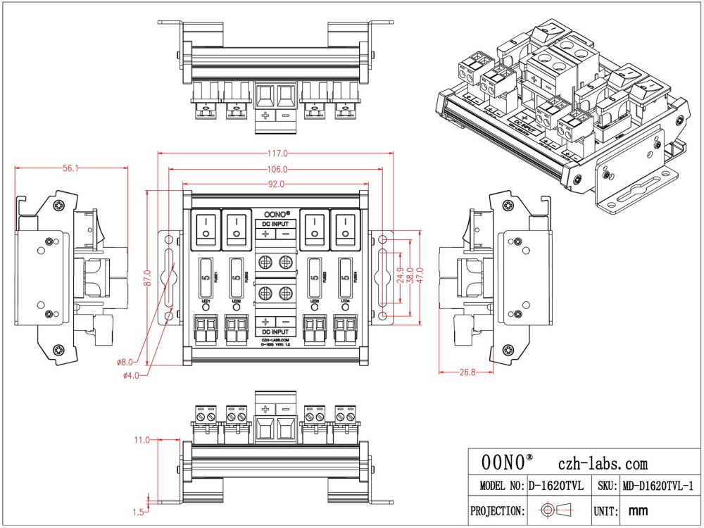 DC 52 Amp 4 Channel Power Distribution Module, Rocker Switch, Fused, Pluggable Top Wiring Terminal Block, DIN Rail and Screw Mount