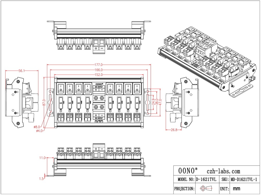 DC 52 Amp 8 Channel Power Distribution Module, Rocker Switch, Fused, Pluggable Top Wiring Terminal Block, DIN Rail and Screw Mount